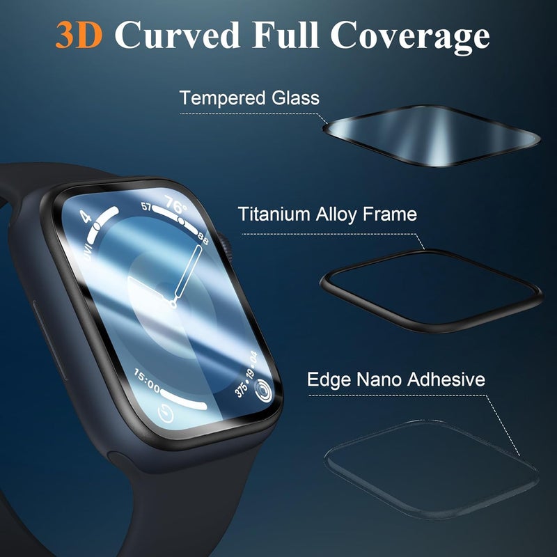 EWUONU [2 Pack for Apple Watch Screen Protector 45mm Series 9 8 7, Titanium Alloy Bumper + Tempered Glass, Full Coverage Waterproof Non-Bubble Anti-Scratch HD Clear Film for iWatch 9/8/7 45mm,Black - Image 2